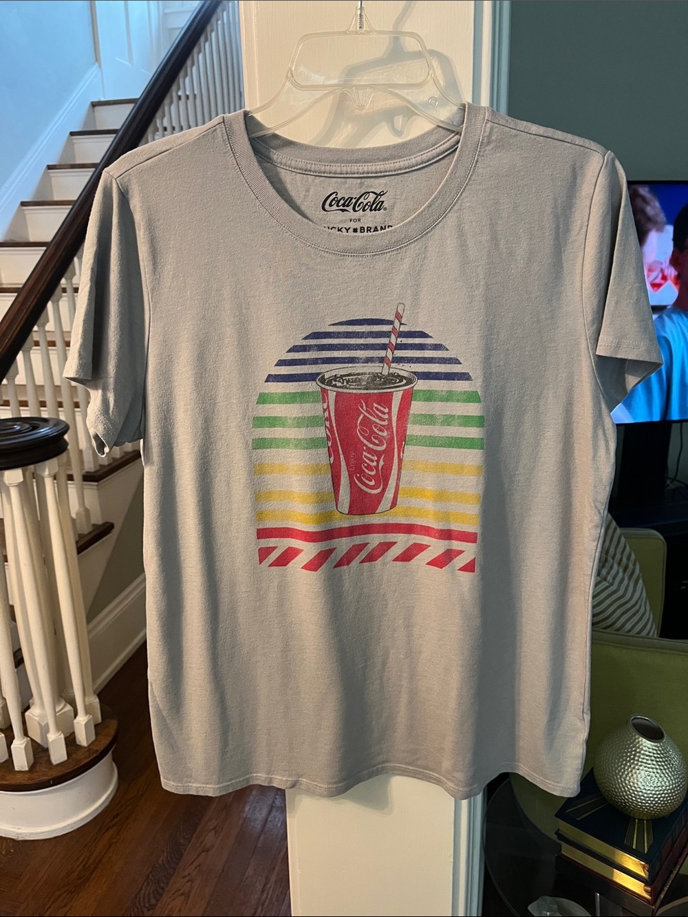 Lucky Coca Cola Light Gray Ladies Tee with Rainbow Stripe Cup Graphic